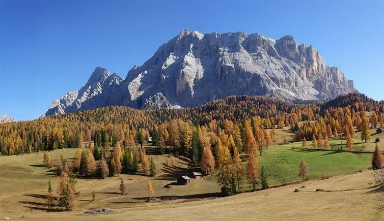 Der Heiligkreuzkofel in Südtirol im Herbst, davor Lärchen und Almwiesen